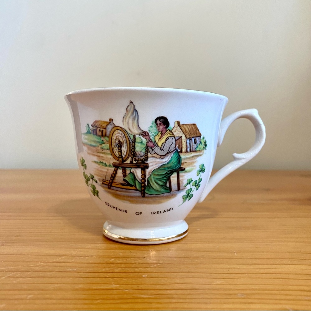 Vintage Ireland Souvenir Tea Cup Maiden Sewing Spindle harp